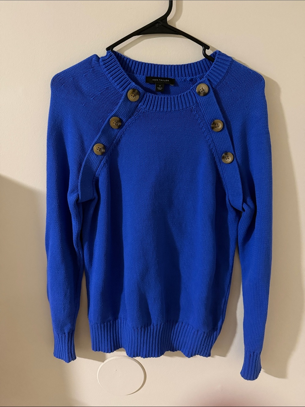 Ann Taylor Cobalt Blue Crewneck Sweater with Shoulder Buttons